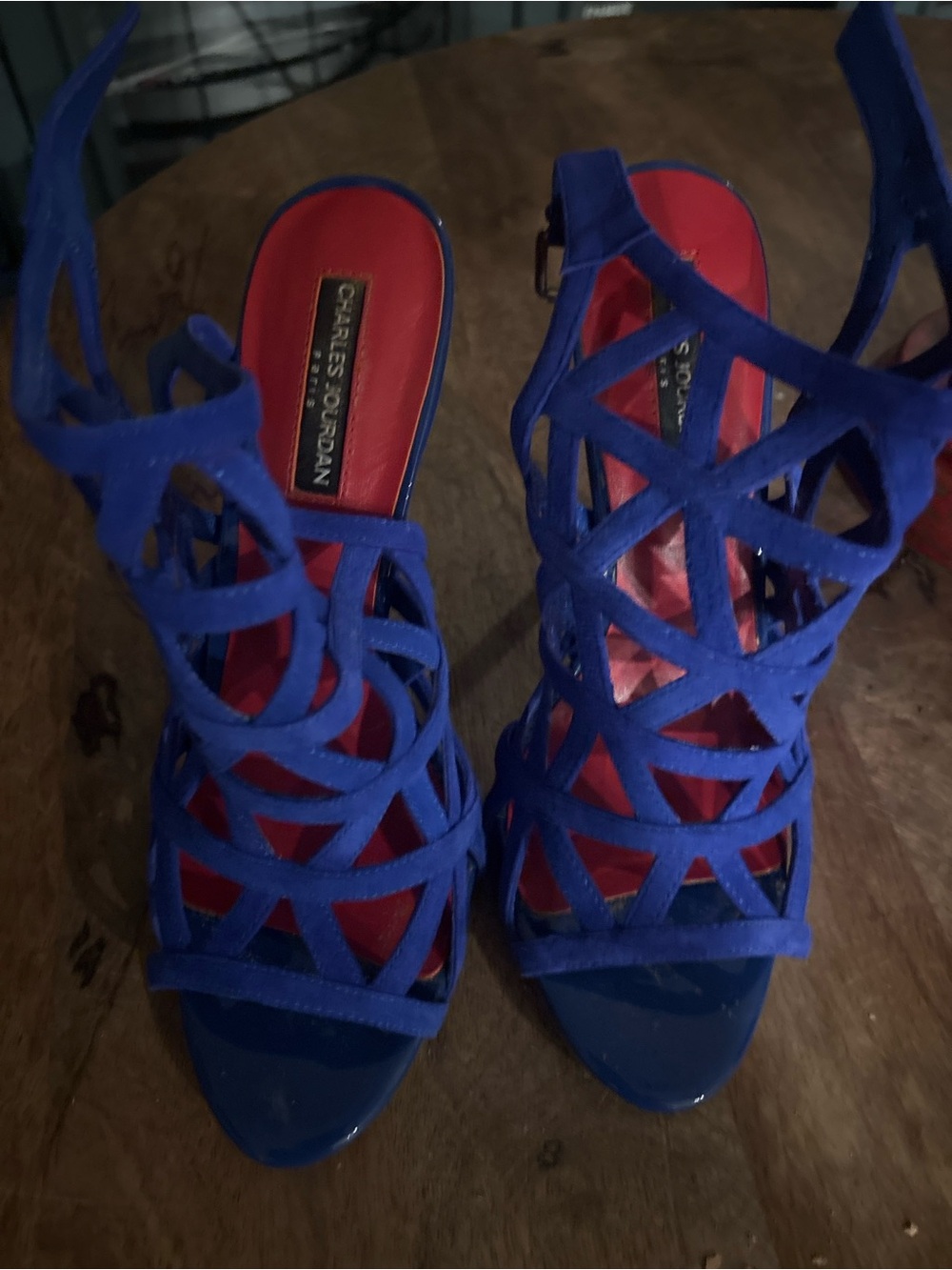 Charles Jourdan Cobalt Blue Suede Lattice Strappy Heels with Red Insole